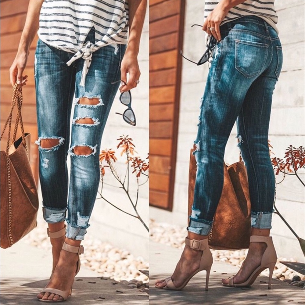Distressed Denim Ankle Skinny Dark Wash Jeans - Picture 8 of 8